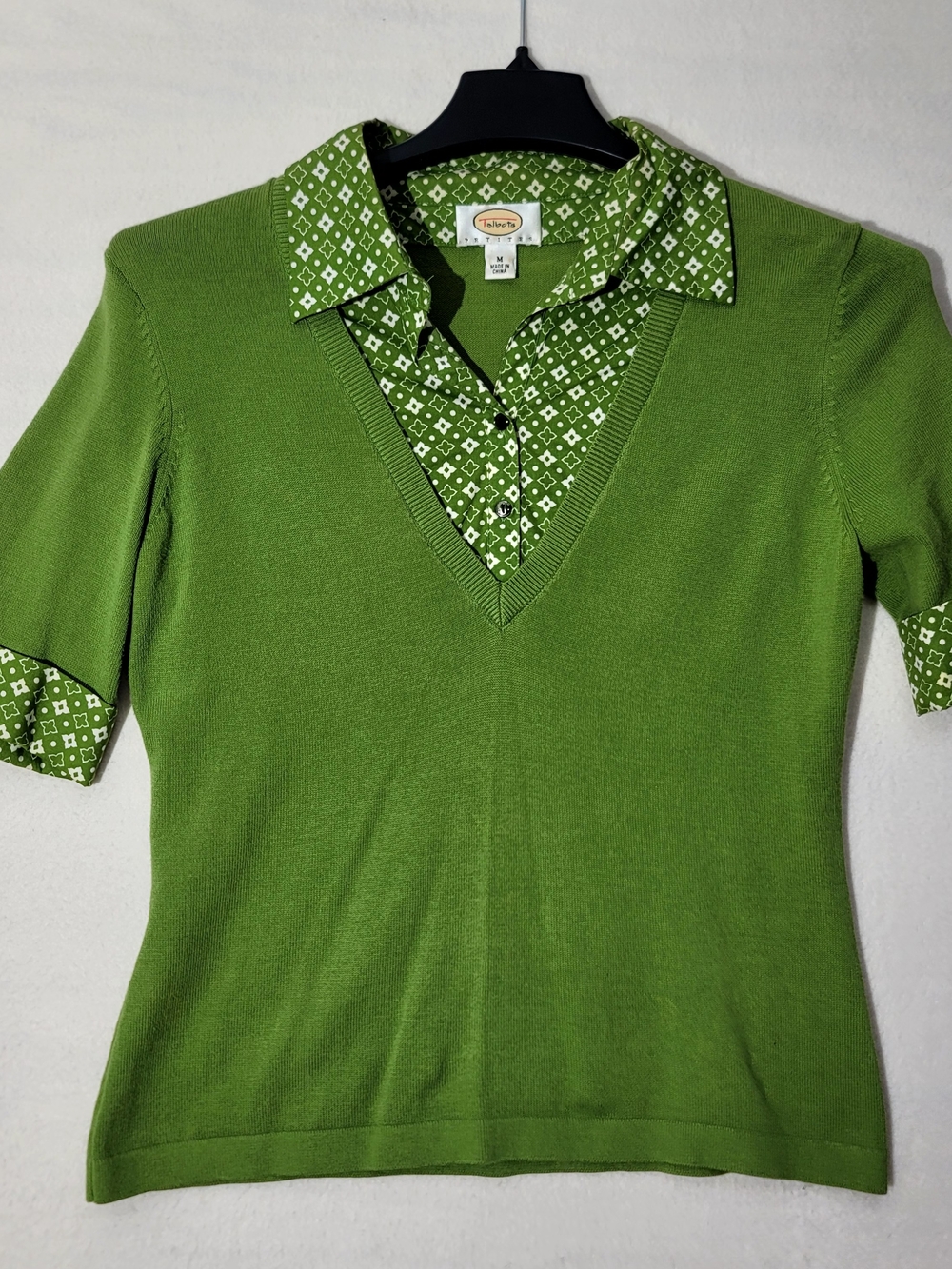 Talbots Green Knit Polo Sweater with Patterned Collar